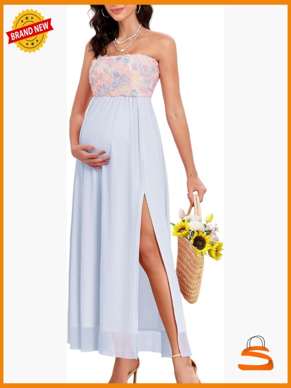 Strapless Maternity Dress 3D Floral Mesh Split A-Line Baby Shower Photoshoot